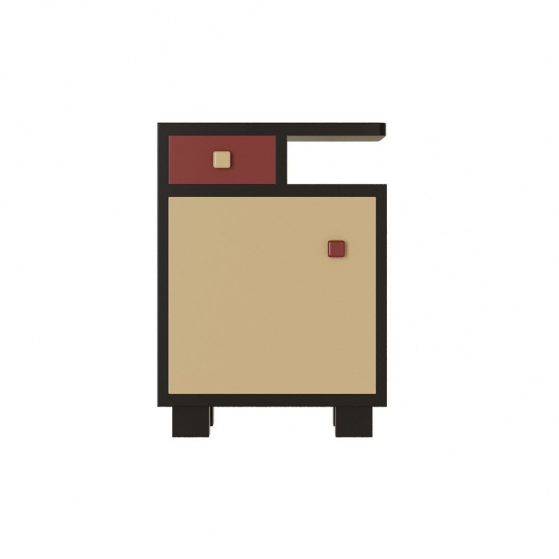 Black and cream bedside cabinet with red drawer