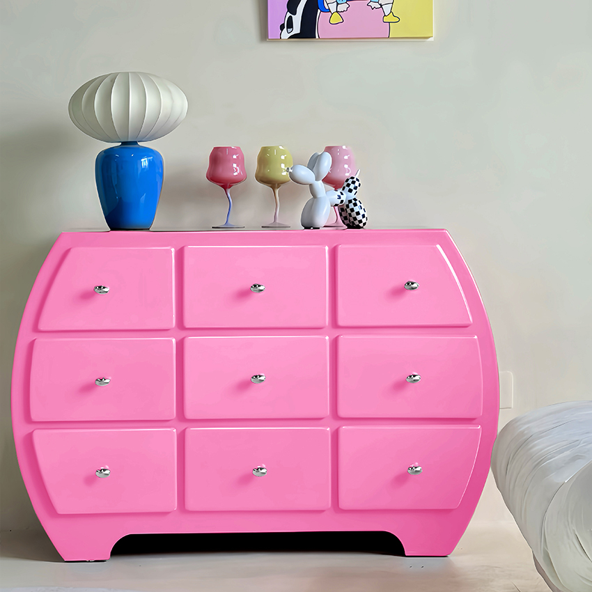 Pink cabinet with nine drawers